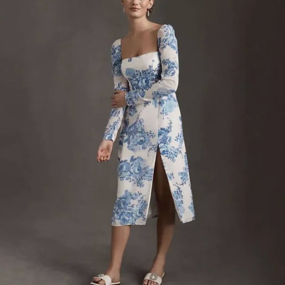 BHLDN Kayleigh Georgette Dress Blue Floral